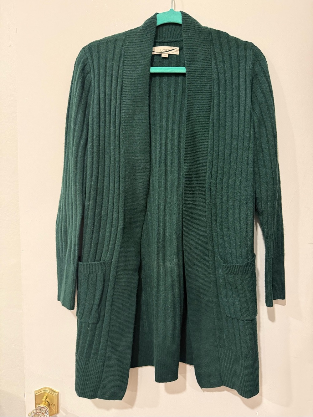 LOFT Deep Green Long Open-Front Ribbed Cardigan